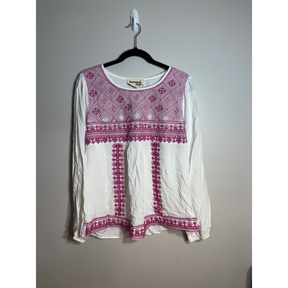 Savanna Jane Embroidered Tunic Blouse White Pink Boho Festival Size L